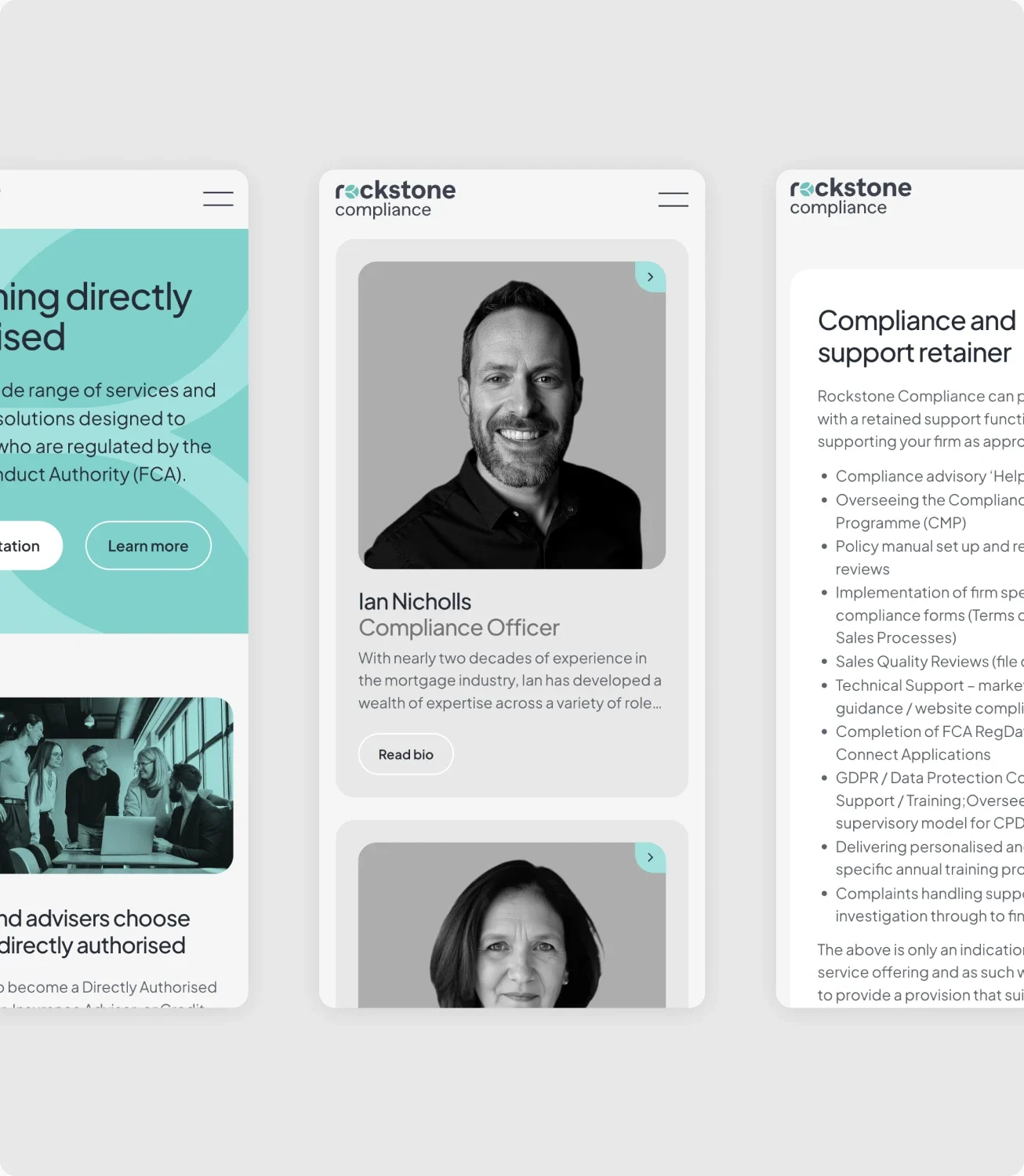 Service and team pages on phones, including a profile of Ian Nicholls, Compliance Officer