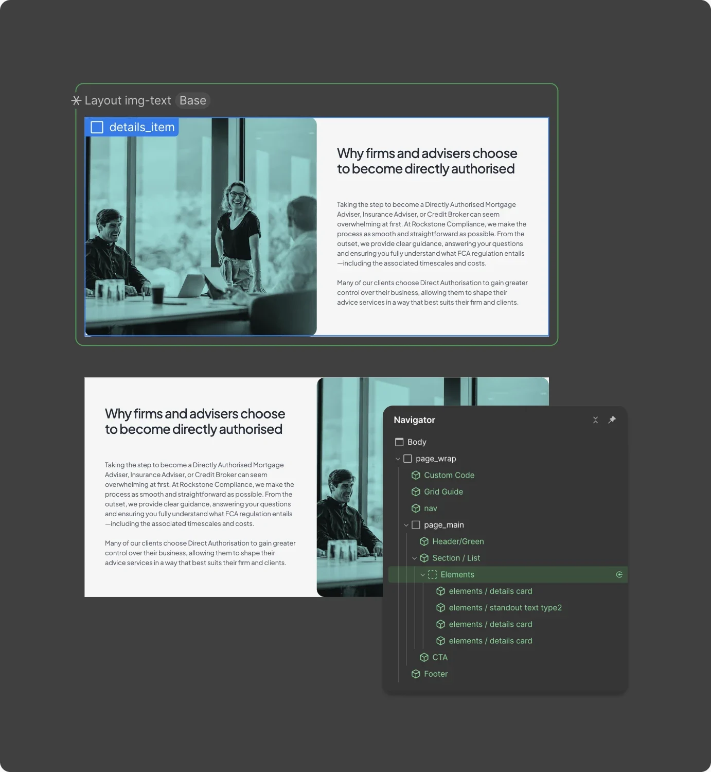 A page section being edited in the site builder, with its layer navigator