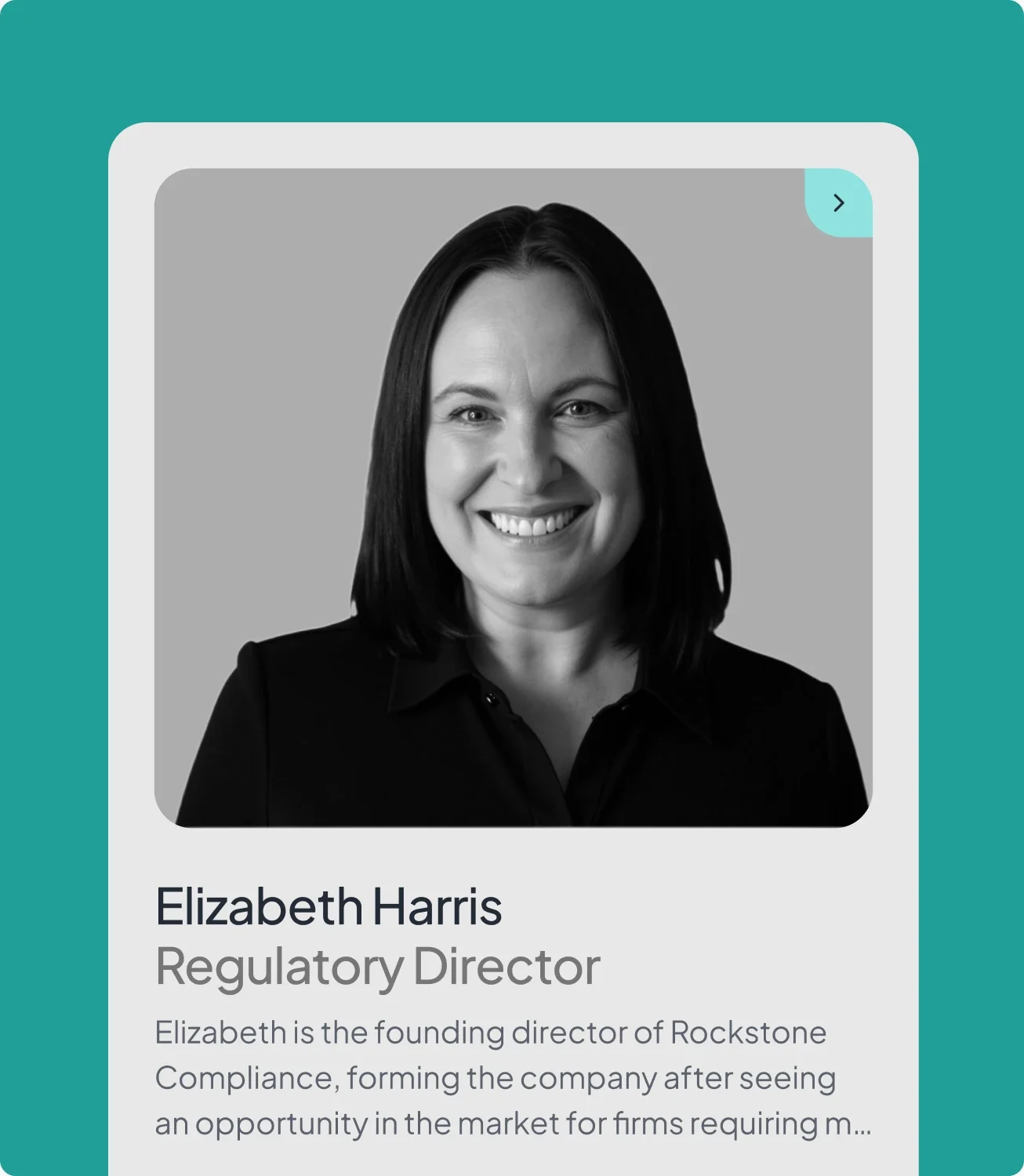 A team profile card for Elizabeth Harris, Regulatory Director