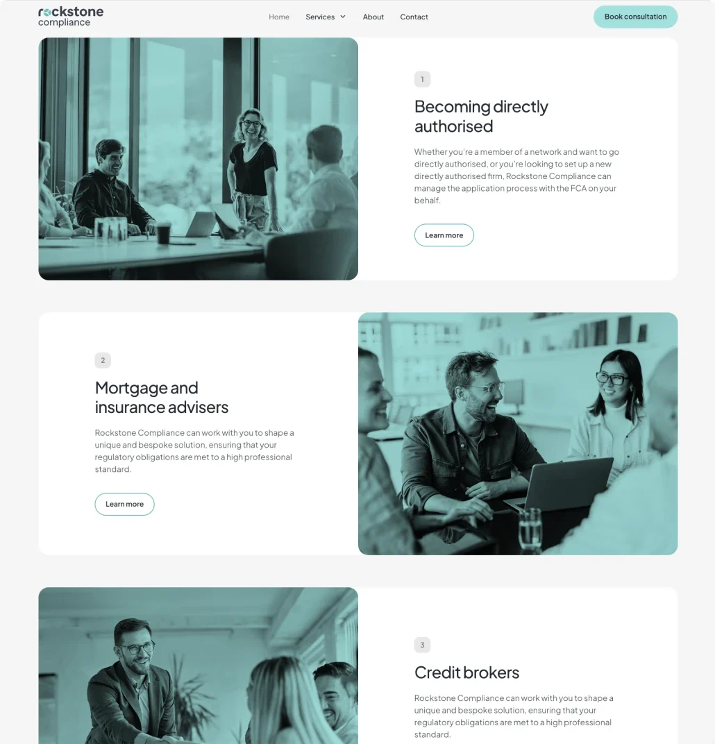 Service sections for directly authorised firms, mortgage and insurance advisers, and credit brokers