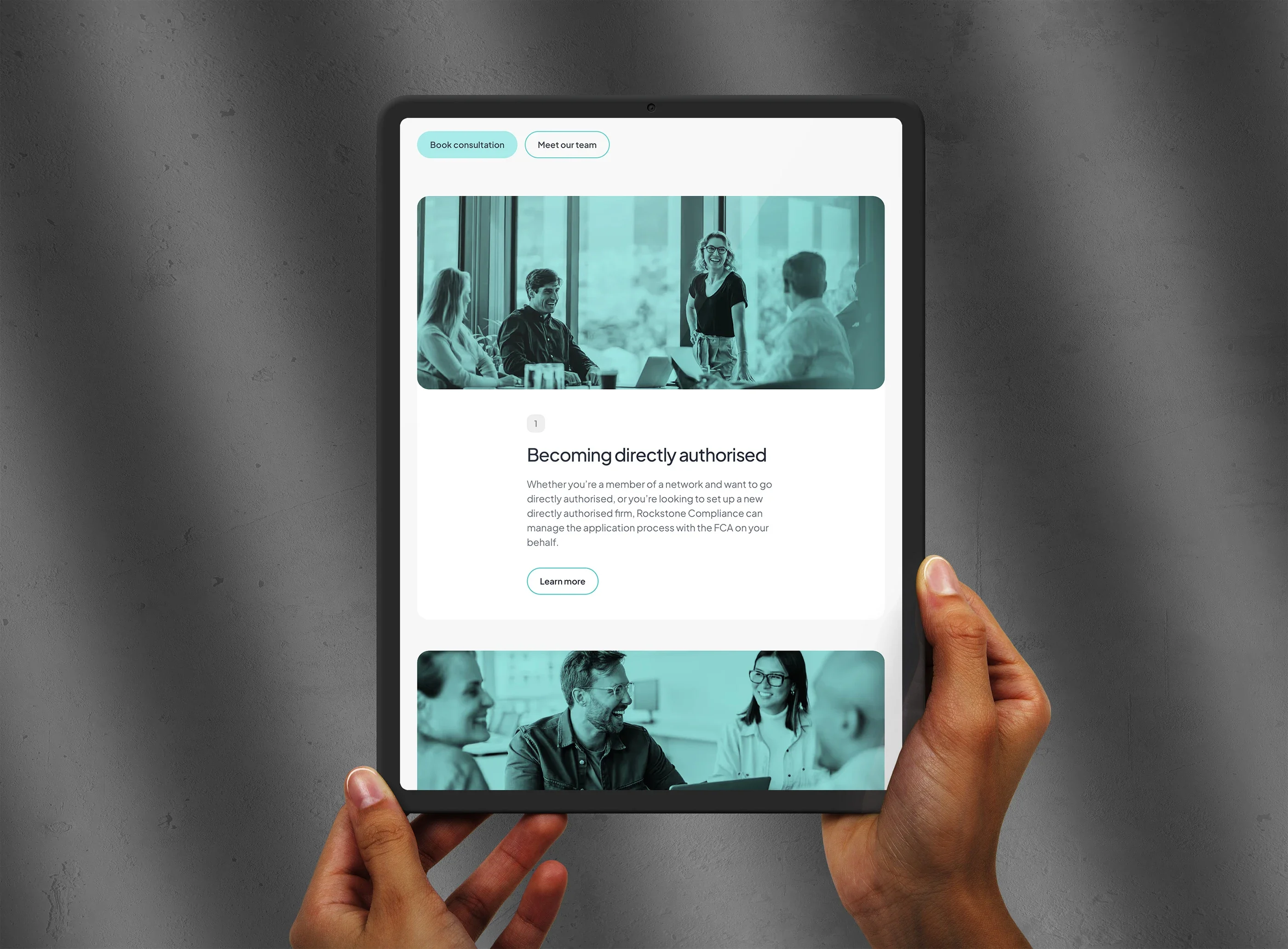 The 'Becoming directly authorised' section on a tablet held in two hands