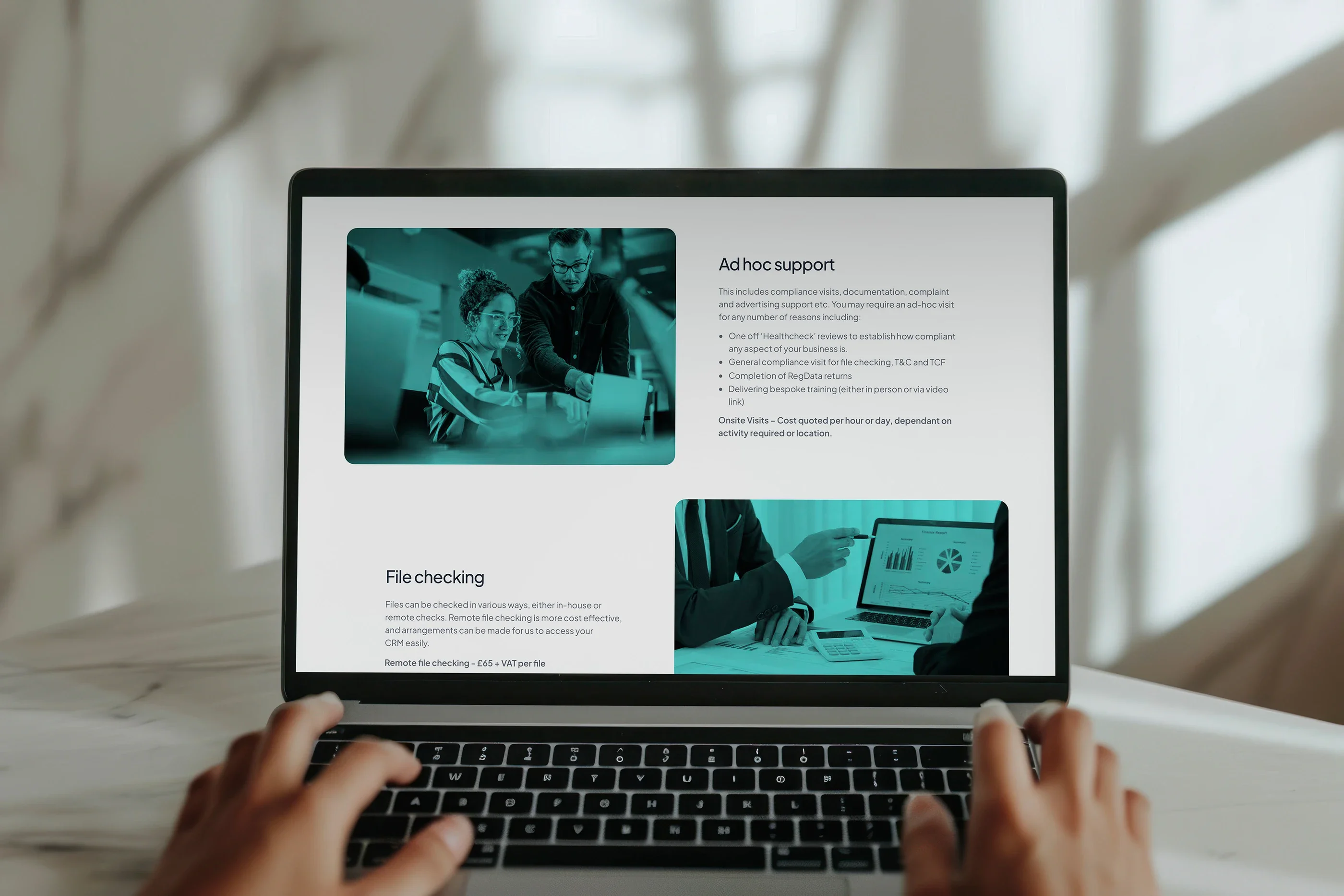 A service page with ad hoc support and file checking, on a laptop