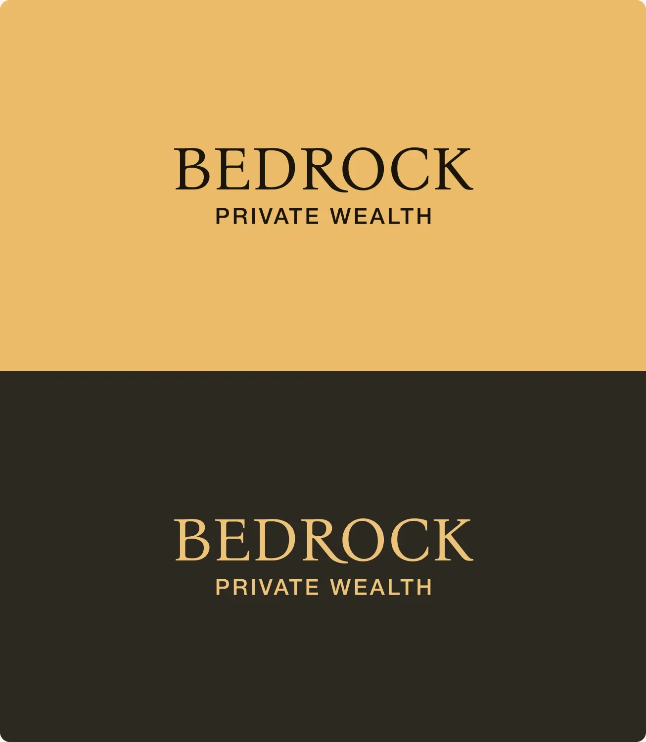 The Bedrock Private Wealth logo on gold and on dark brown