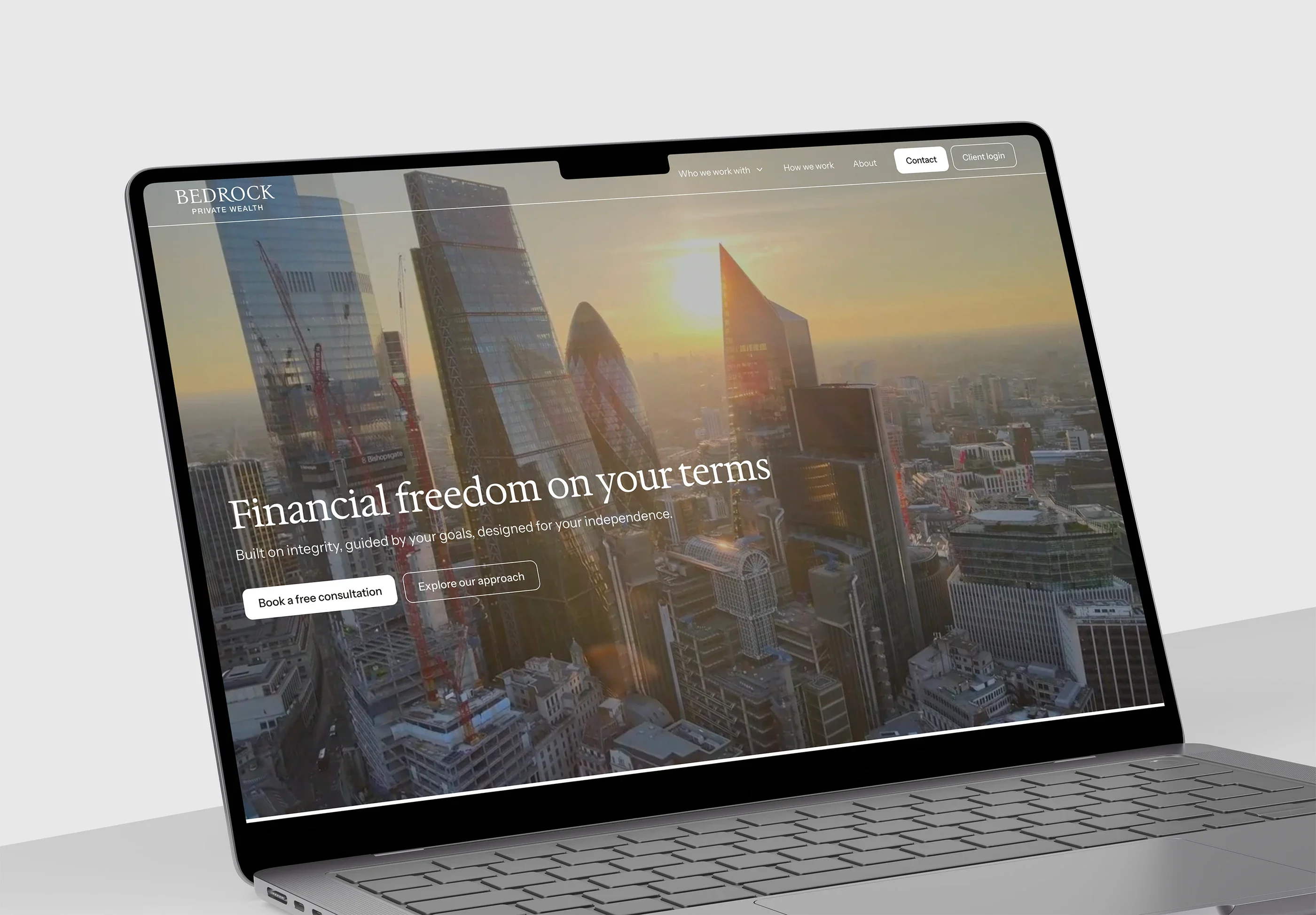 The Bedrock home page on a laptop, with its City of London skyline hero