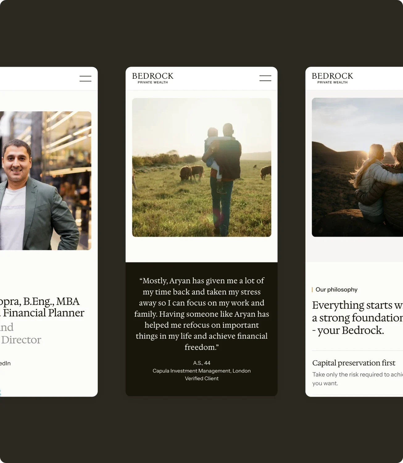 Adviser profile, client testimonial and philosophy pages on phones