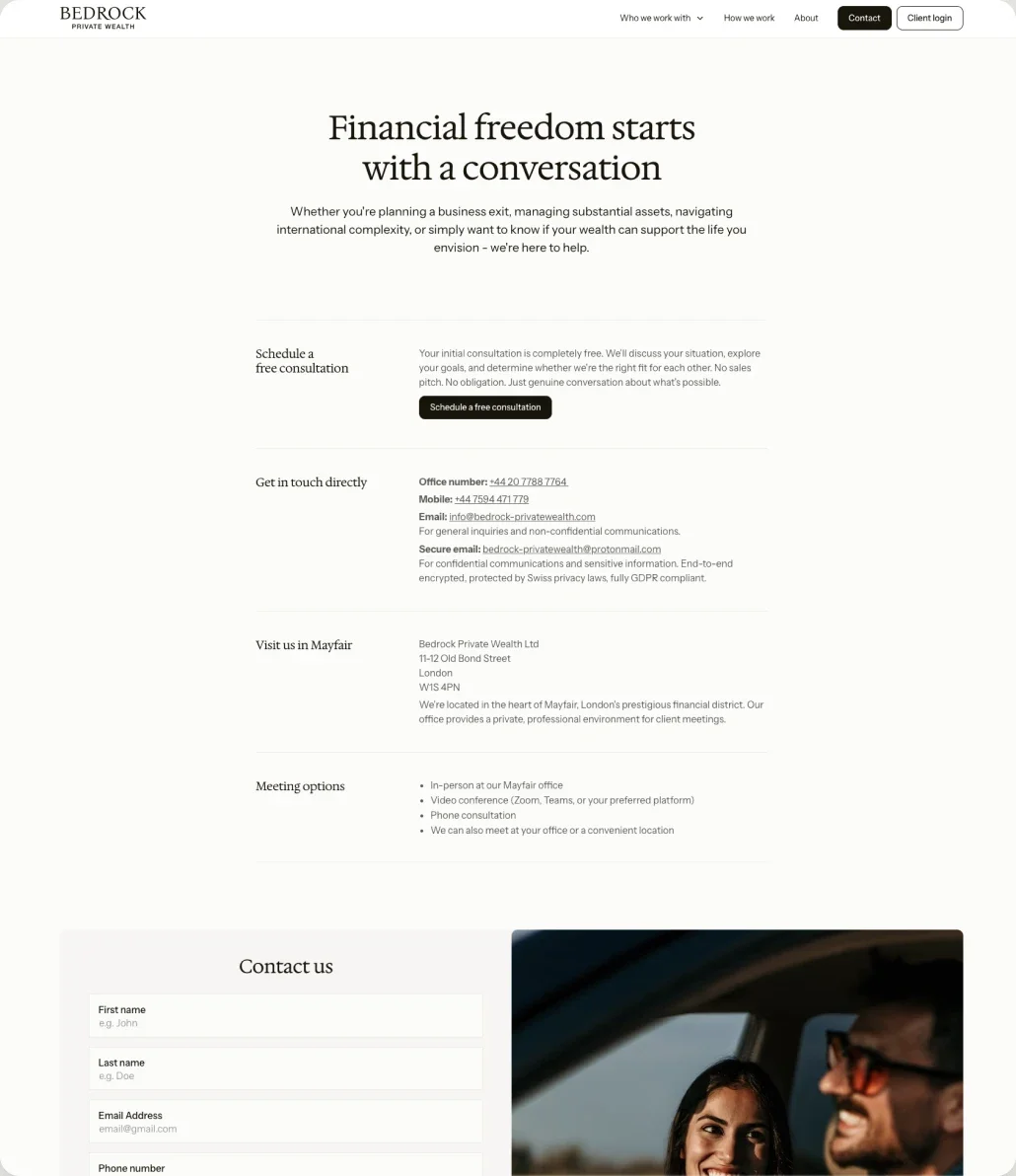 The contact page on desktop
