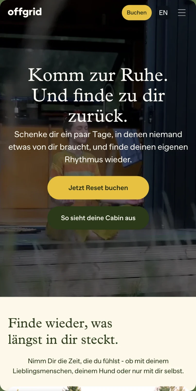 The German home page hero on a phone: 'Komm zur Ruhe. Und finde zu dir zurück.'