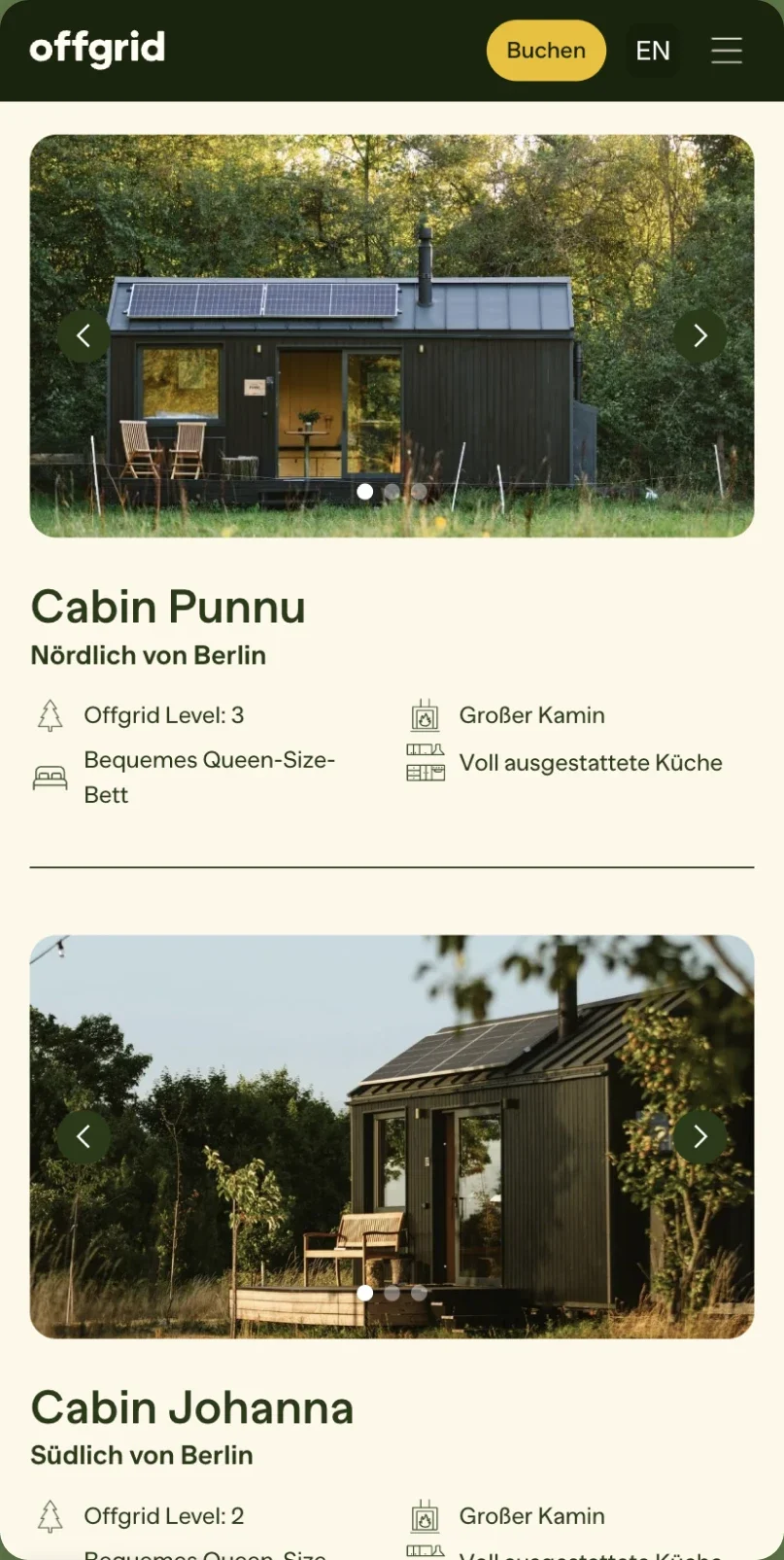 The cabin listings, Cabin Punnu and Cabin Johanna, on a phone