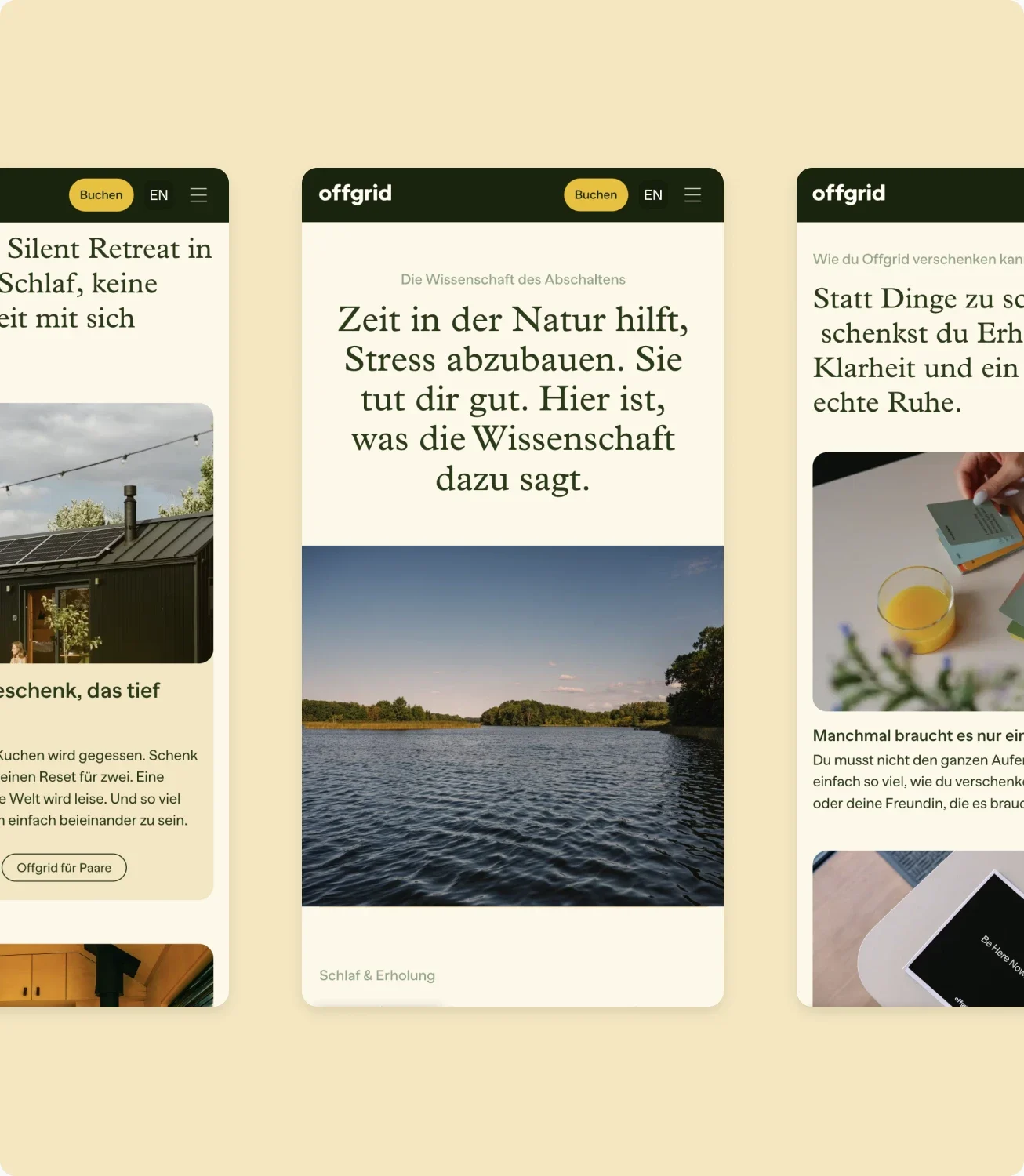 German pages on phones: a silent retreat, why time in nature helps, and gift cards
