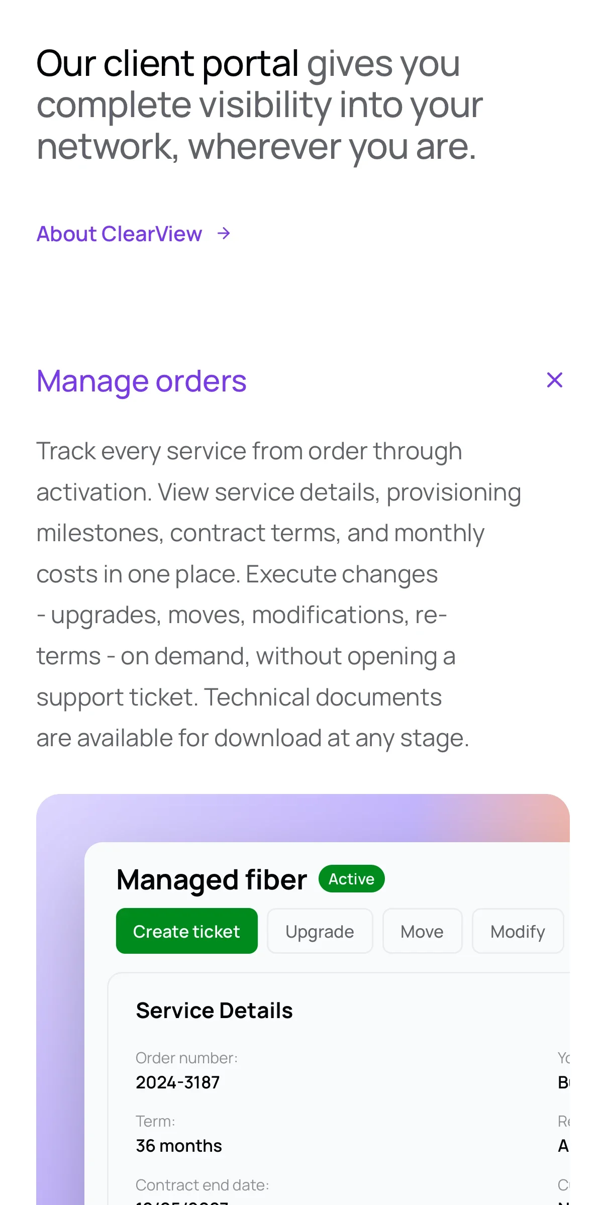 The 'Our client portal' section on a phone, with the order-tracking feature open