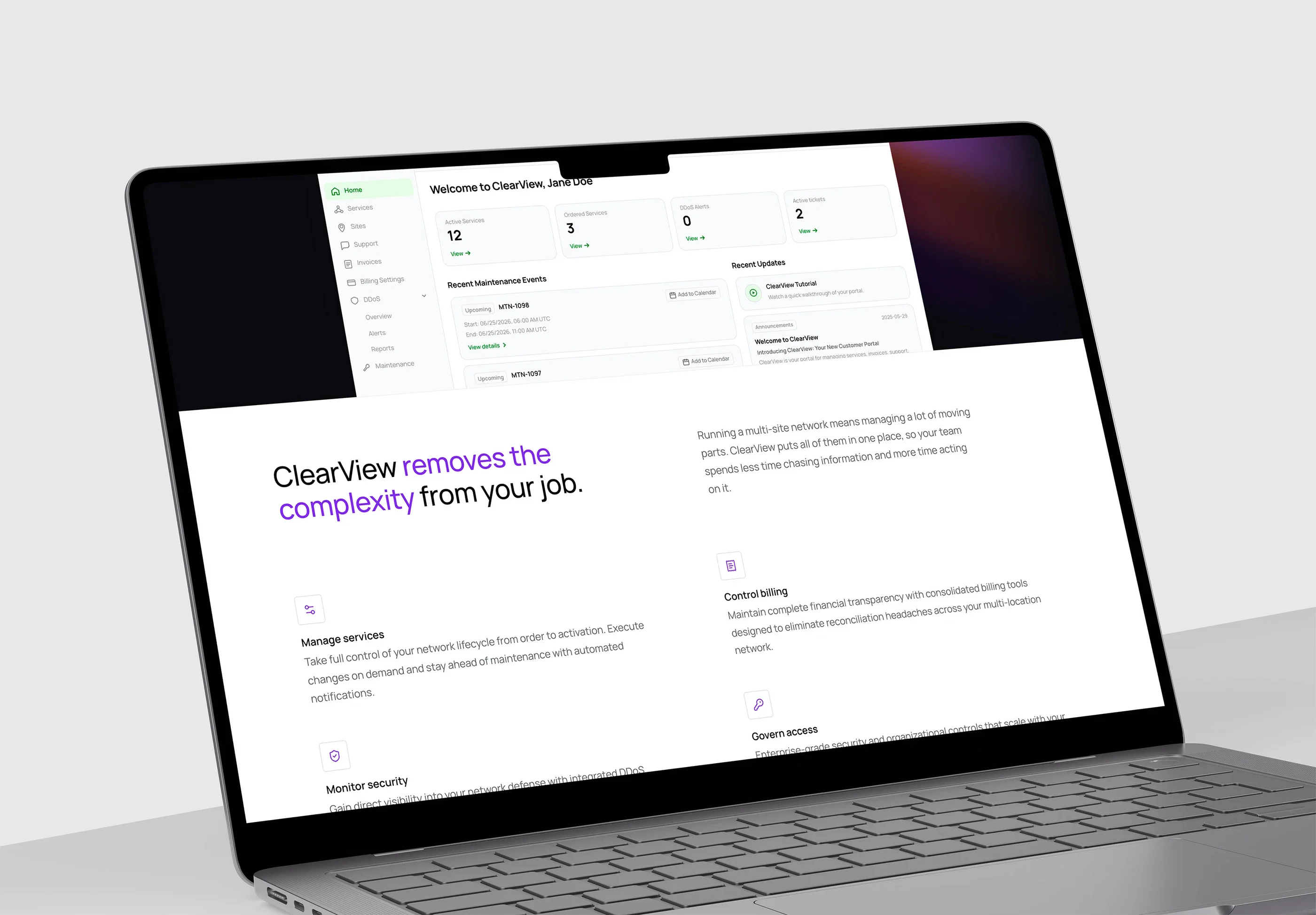 'ClearView removes the complexity from your job' on a laptop, with the portal dashboard above