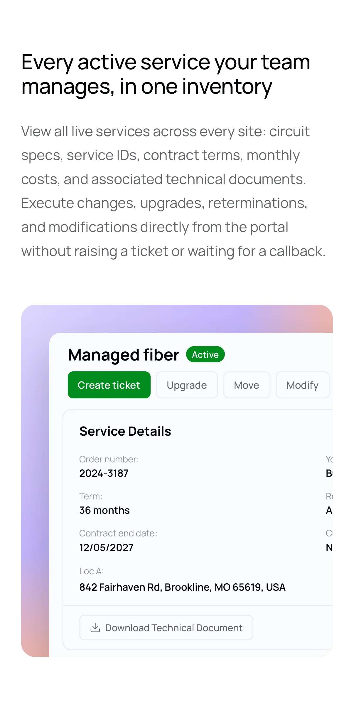 'Every active service your team manages, in one inventory', with a service detail card, on a phone