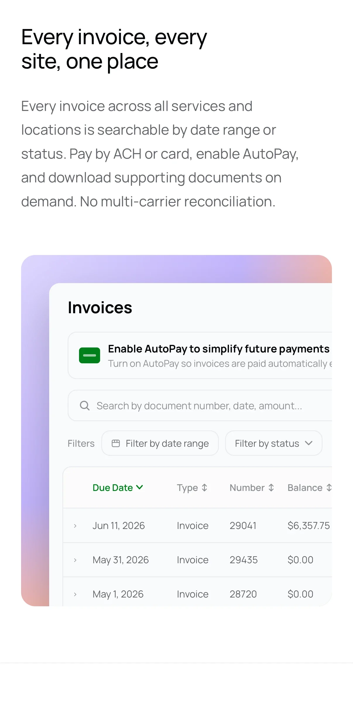 'Every invoice, every site, one place', with the invoices view, on a phone