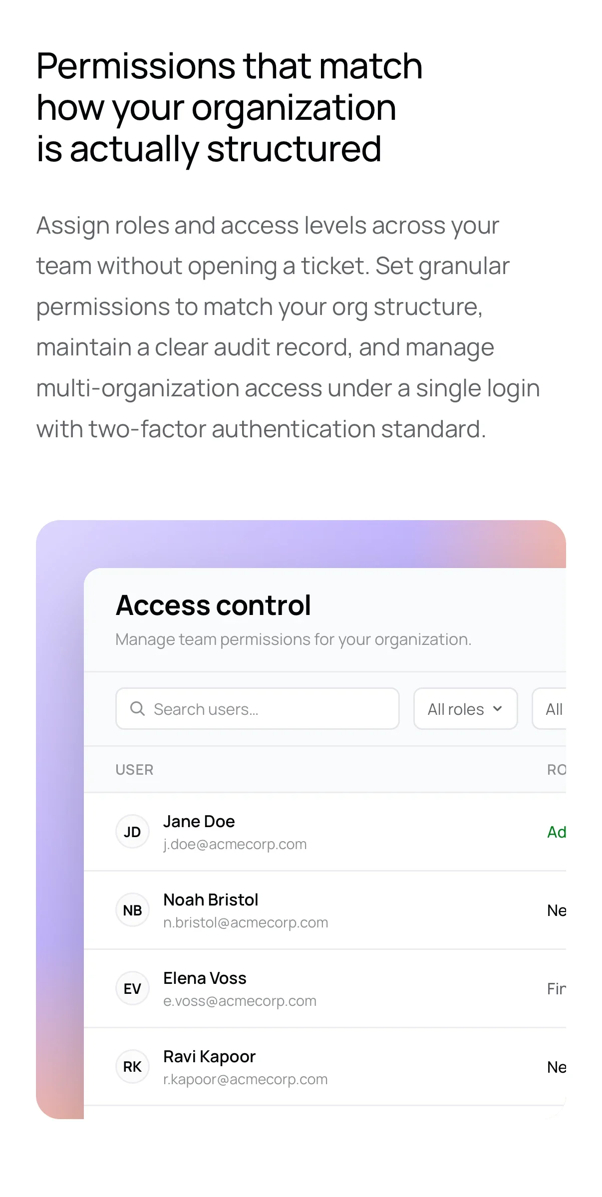 'Permissions that match how your organization is actually structured', with the access control view, on a phone