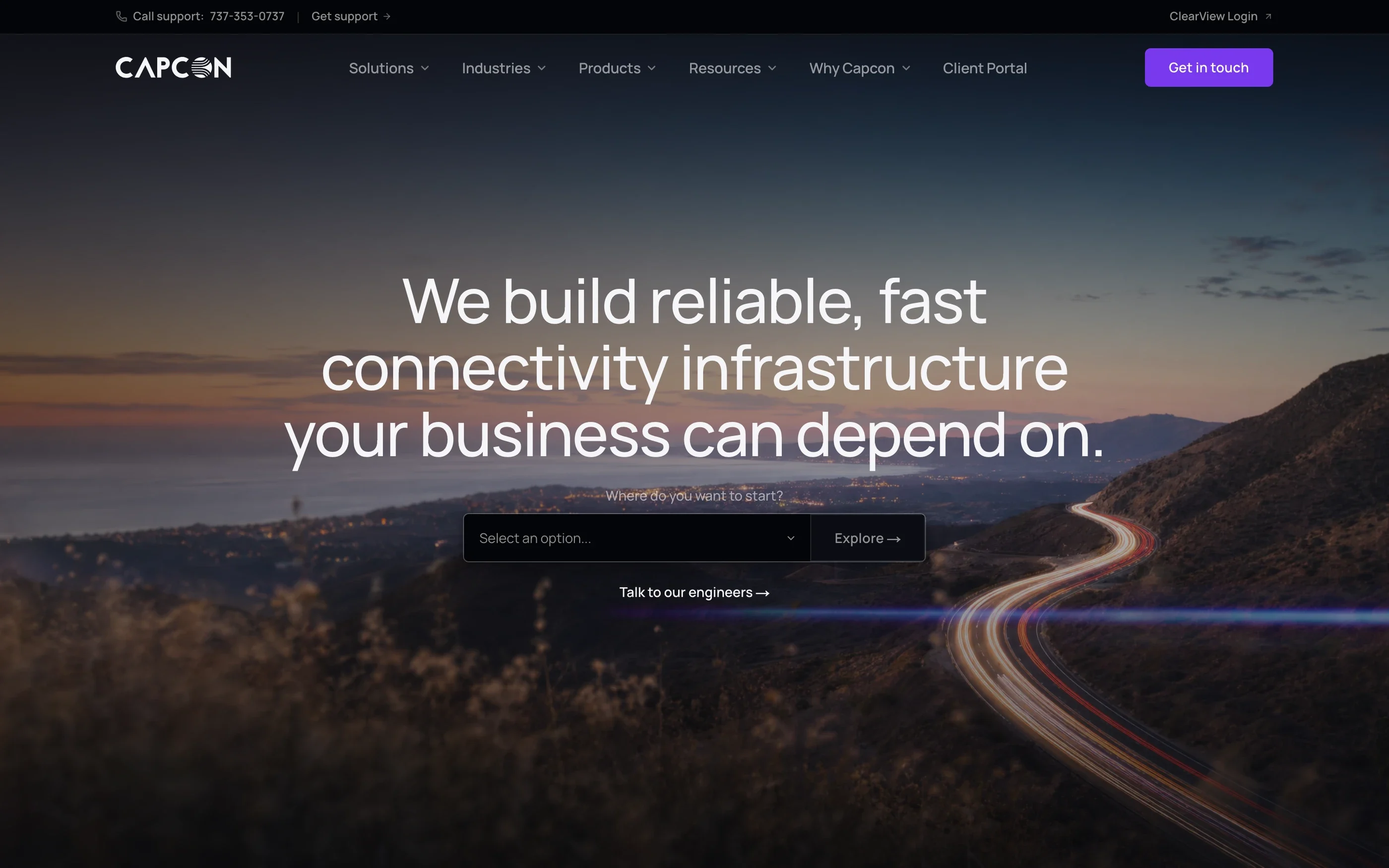 The Capcon home page on desktop: 'We build reliable, fast connectivity infrastructure your business can depend on.'
