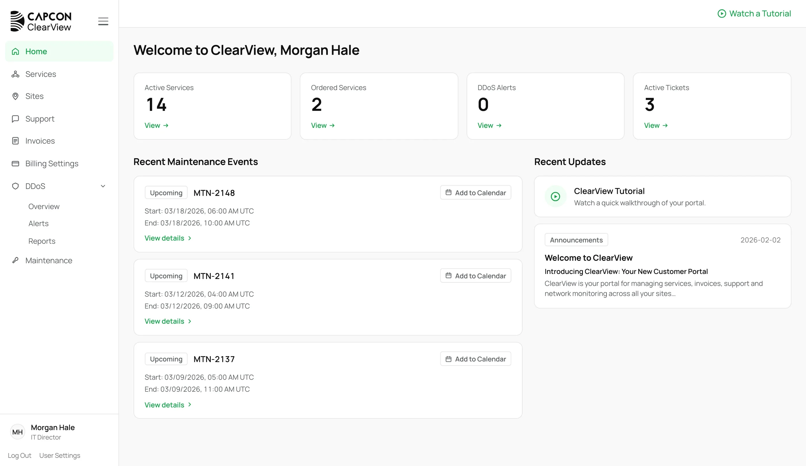 The ClearView home screen: the navigation, a welcome line, four counters for active services, ordered services, DDoS alerts and active tickets, recent maintenance events and recent updates