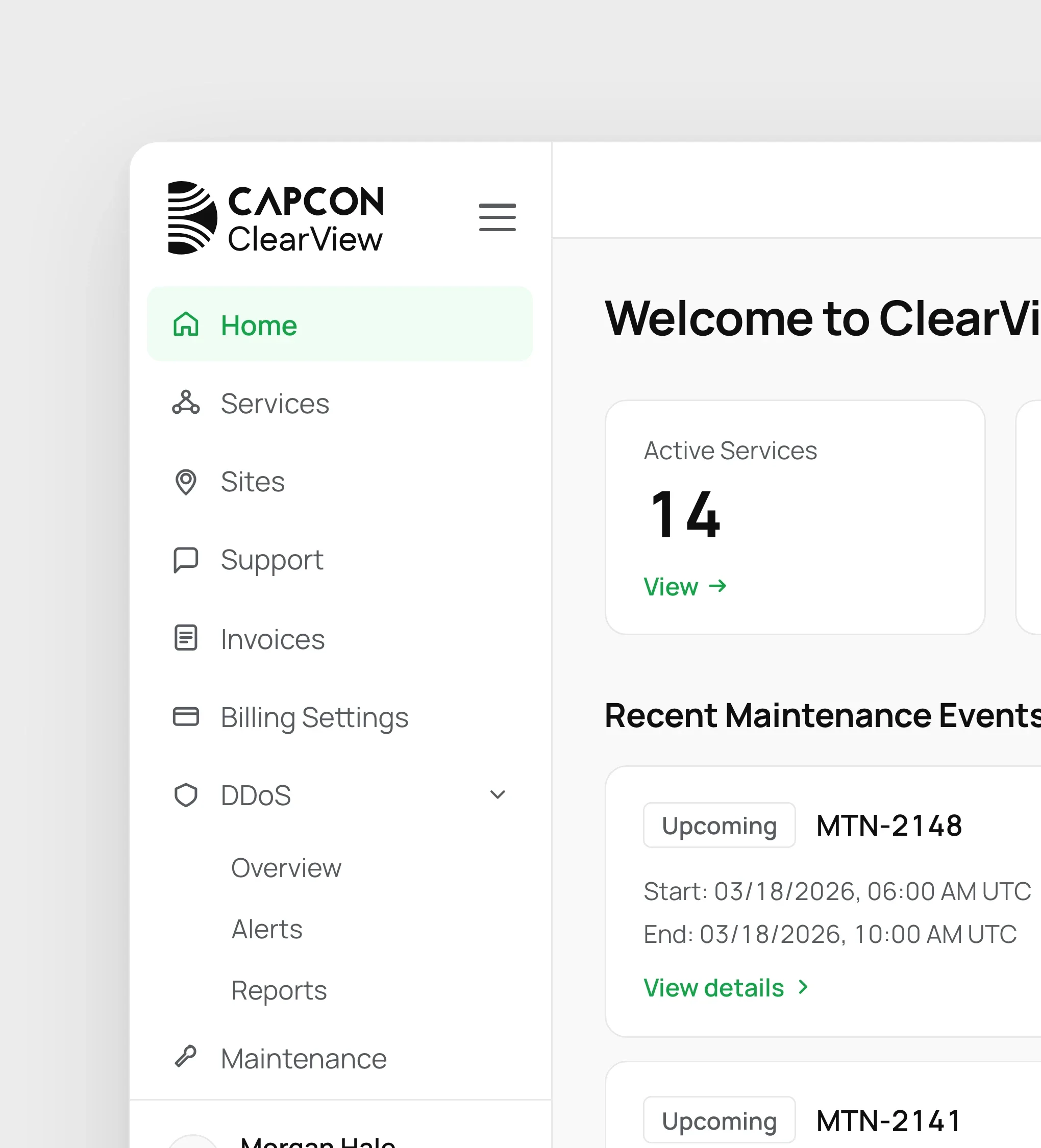 The CAPCON ClearView logo and the navigation, close up: Home, Services, Sites, Support, Invoices, Billing Settings, DDoS and Maintenance