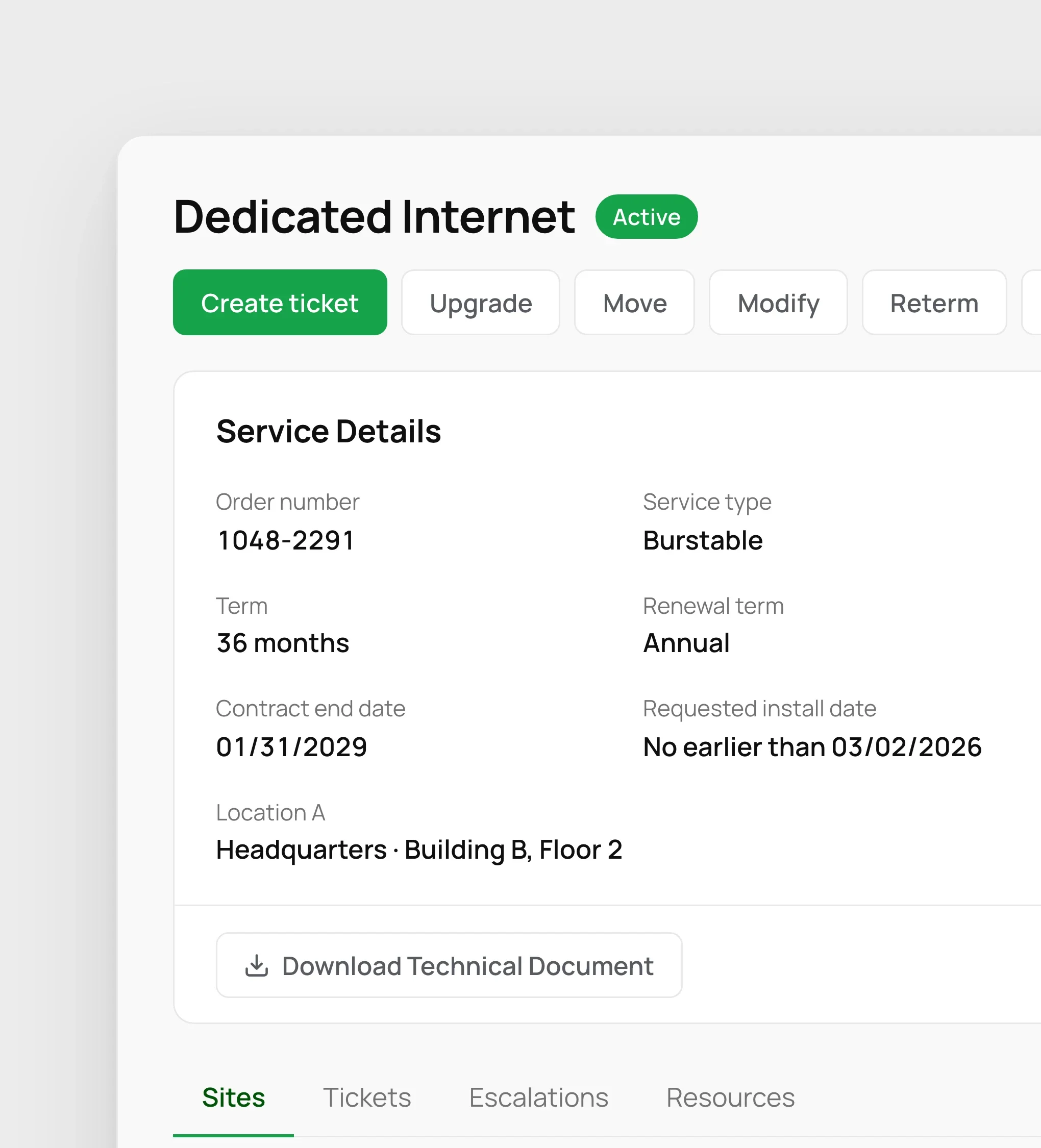 One service: its status, actions such as Create ticket, Upgrade and Move, and its details: order number, type, term, contract dates and location