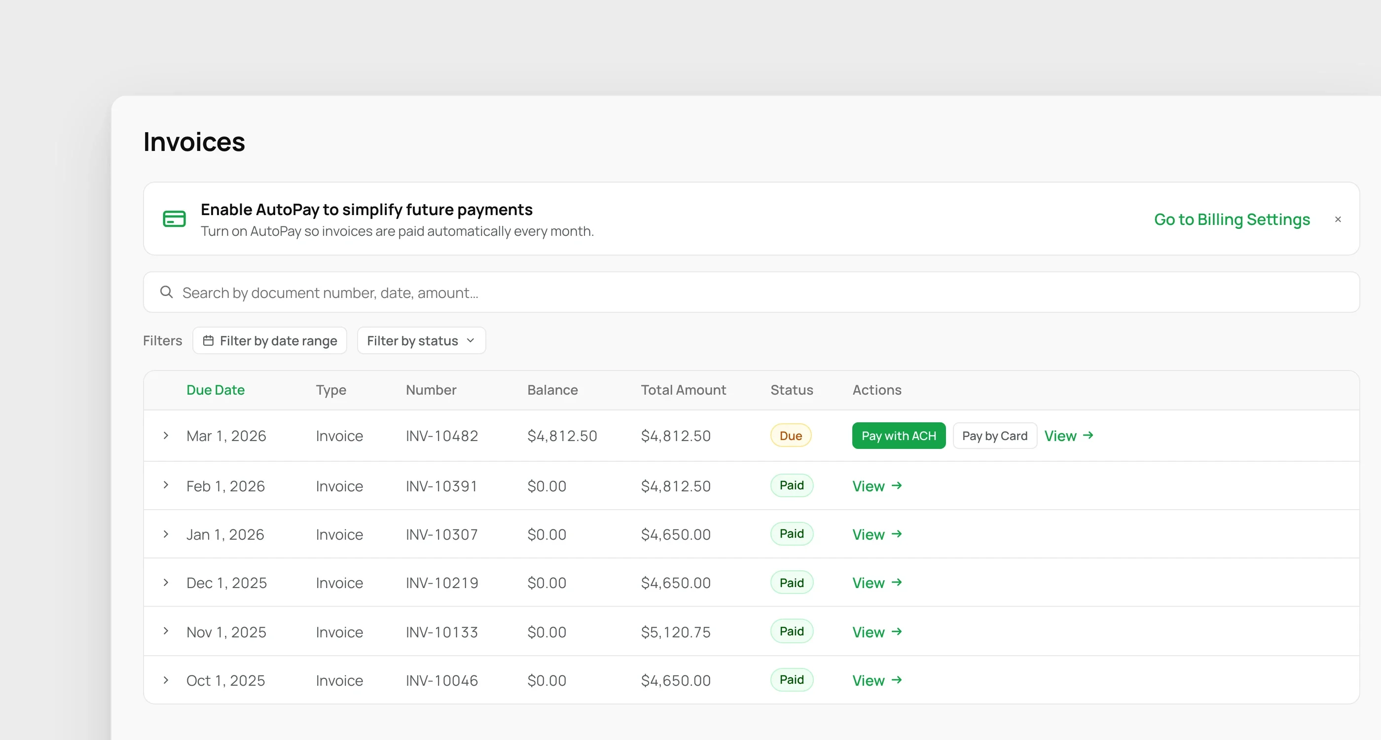 Invoices: a prompt to turn on AutoPay, search and filters, and a list with one invoice due, payable by ACH or card, and the rest paid