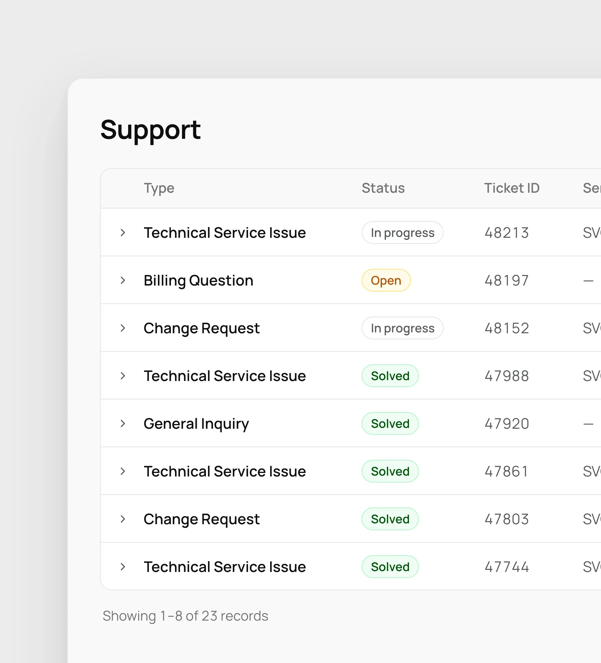 Support: a Create ticket button and the list of tickets with their type and status: in progress, open or solved