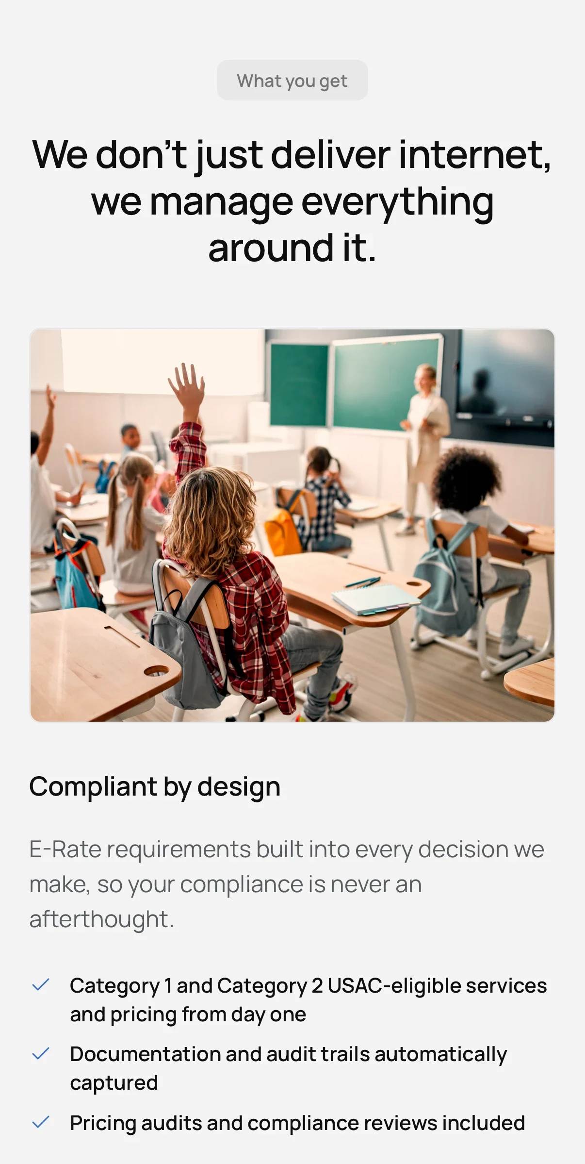 'We don't just deliver internet, we manage everything around it', with 'Compliant by design', on a phone