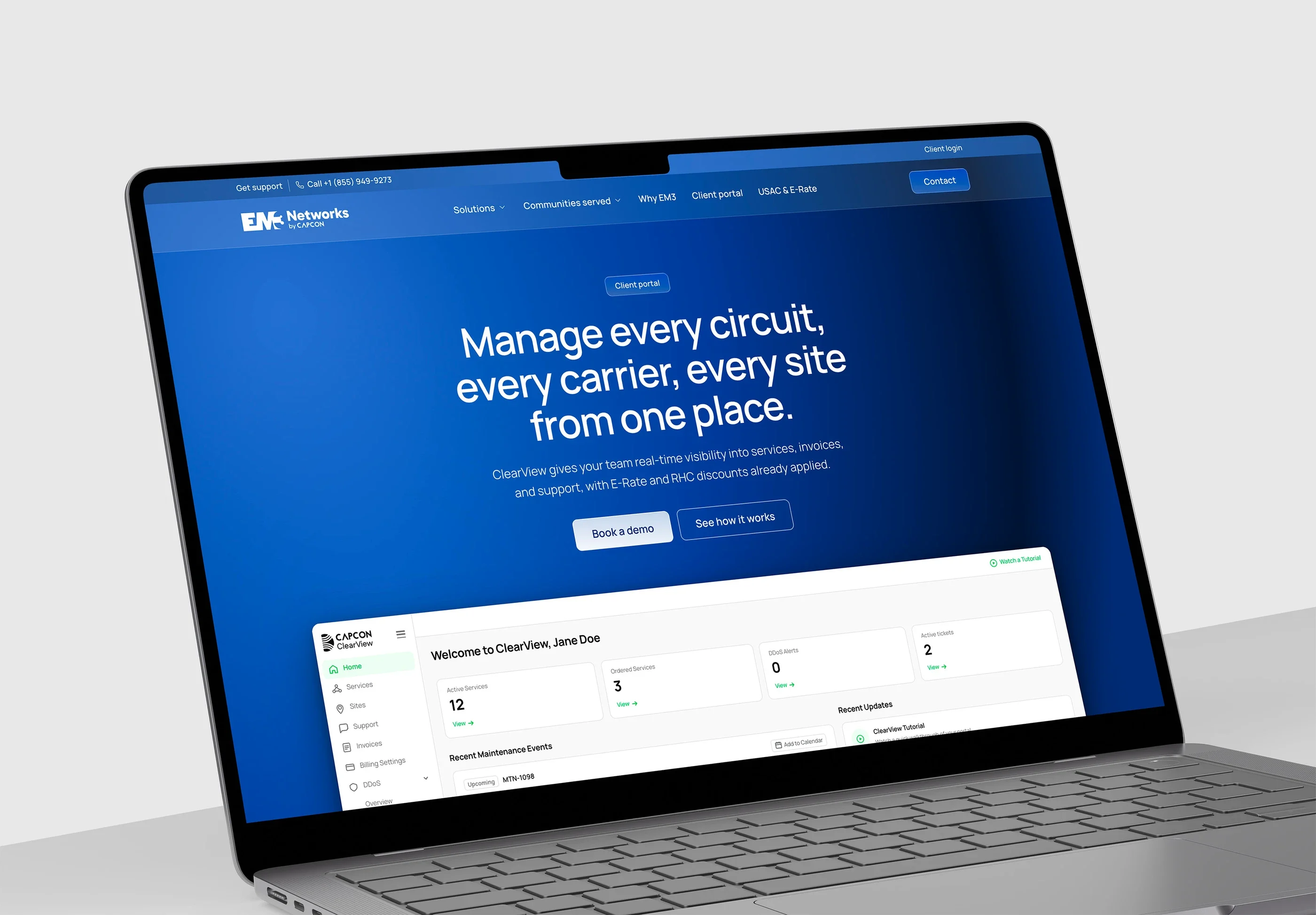 The ClearView page on a laptop: 'Manage every circuit, every carrier, every site from one place.'
