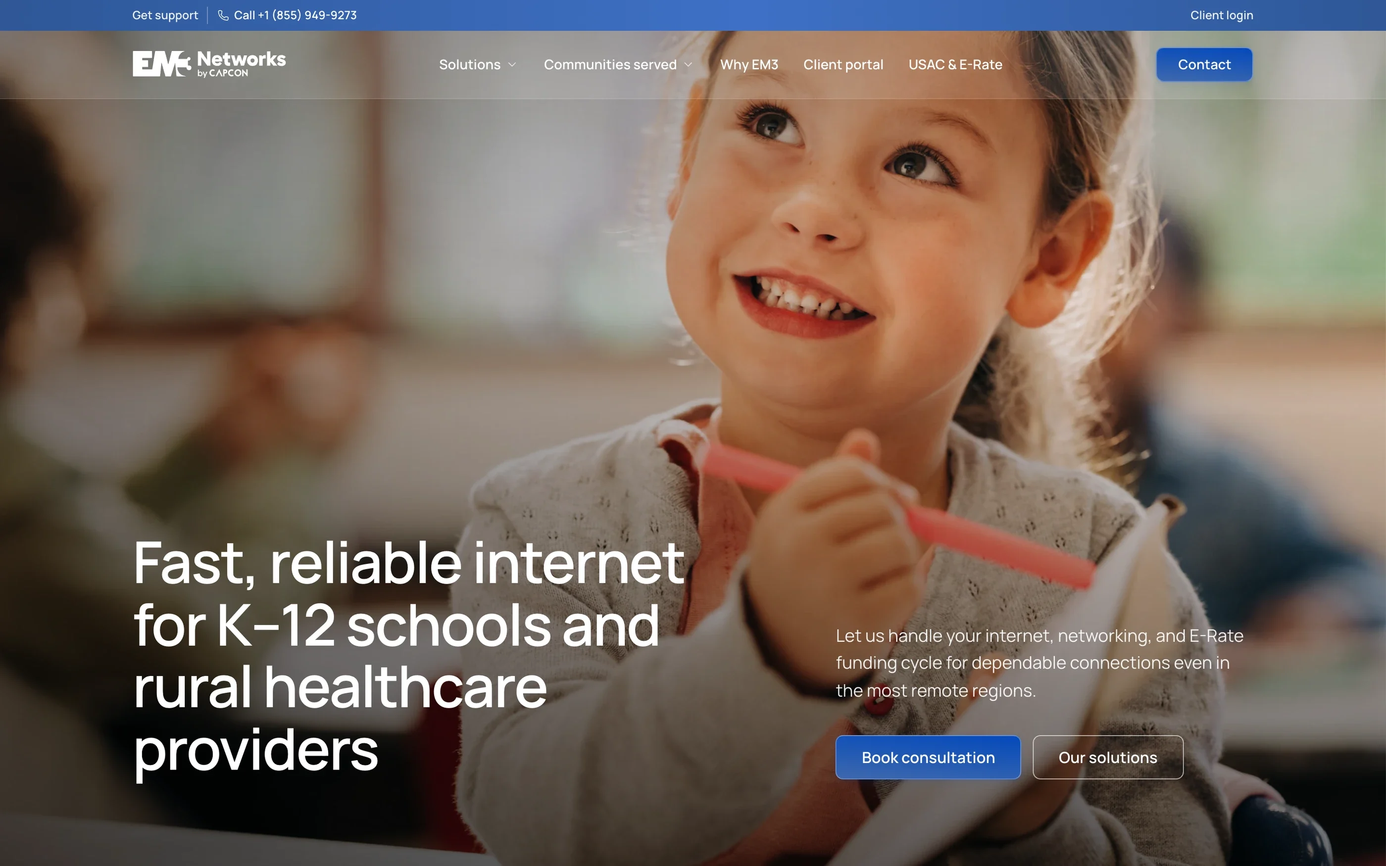 The EM3 Networks home page on desktop: 'Fast, reliable internet for K-12 schools and rural healthcare providers'