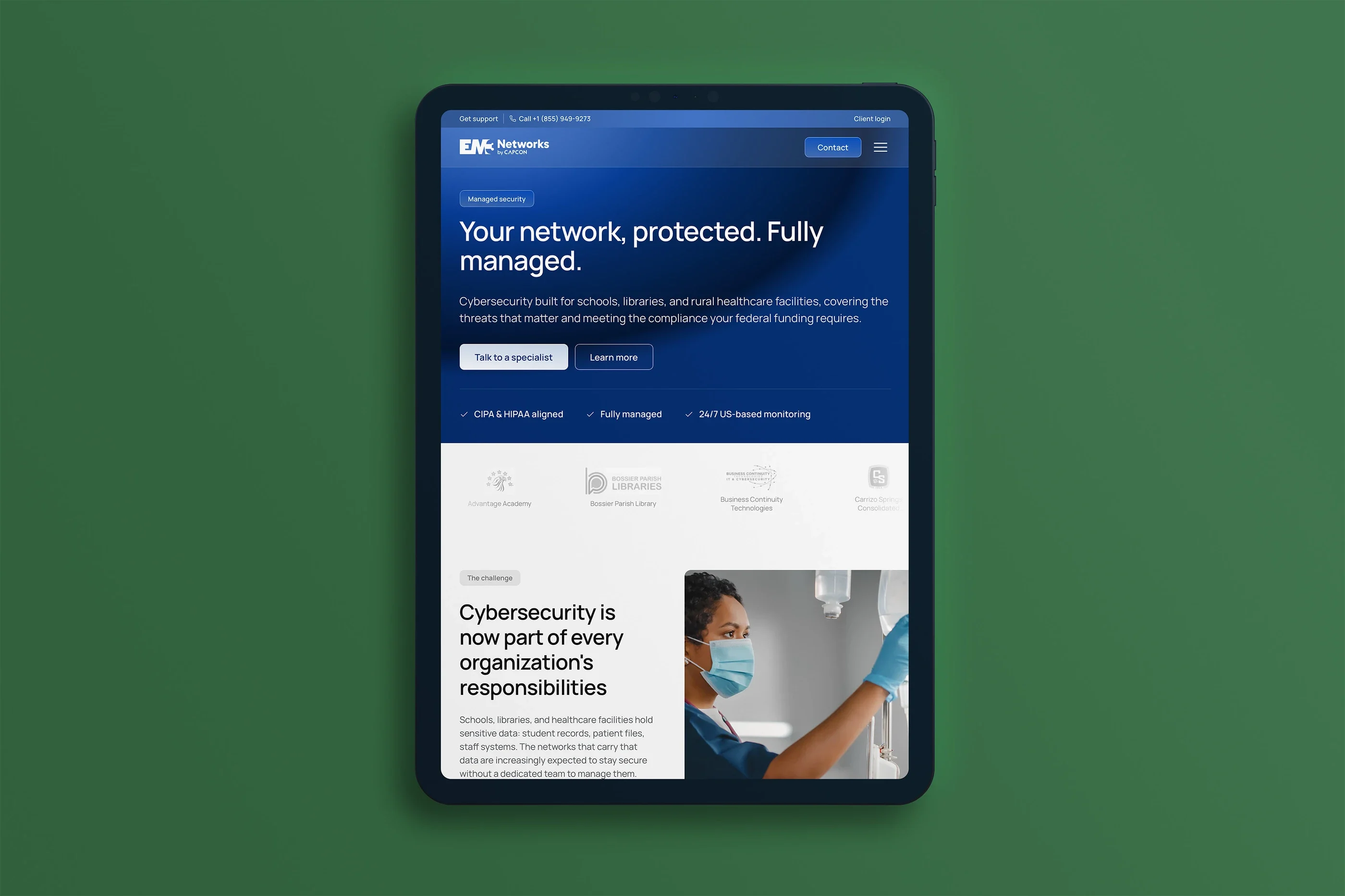 The Security page on a tablet: 'Your network, protected. Fully managed.'