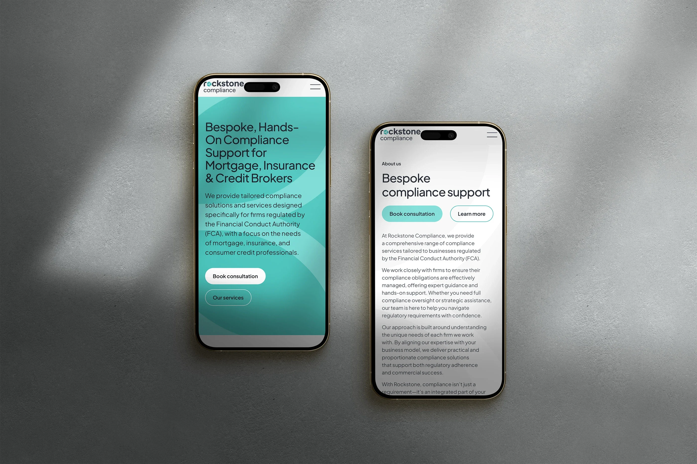 Two phones: the home page hero, and the top of the About page