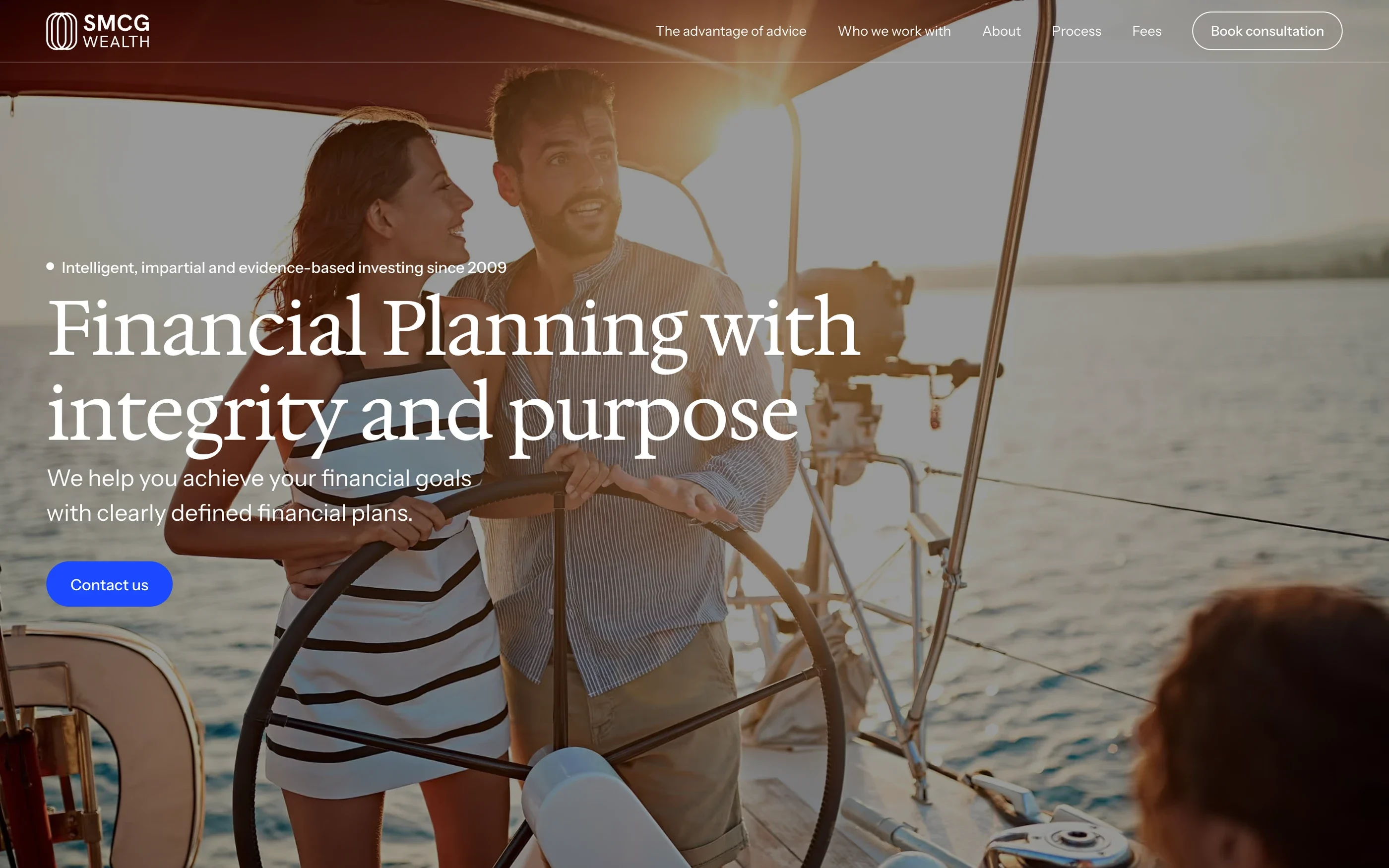 The SMCG Wealth home page on desktop: 'Financial Planning with integrity and purpose', over a couple at the wheel of a sailing boat