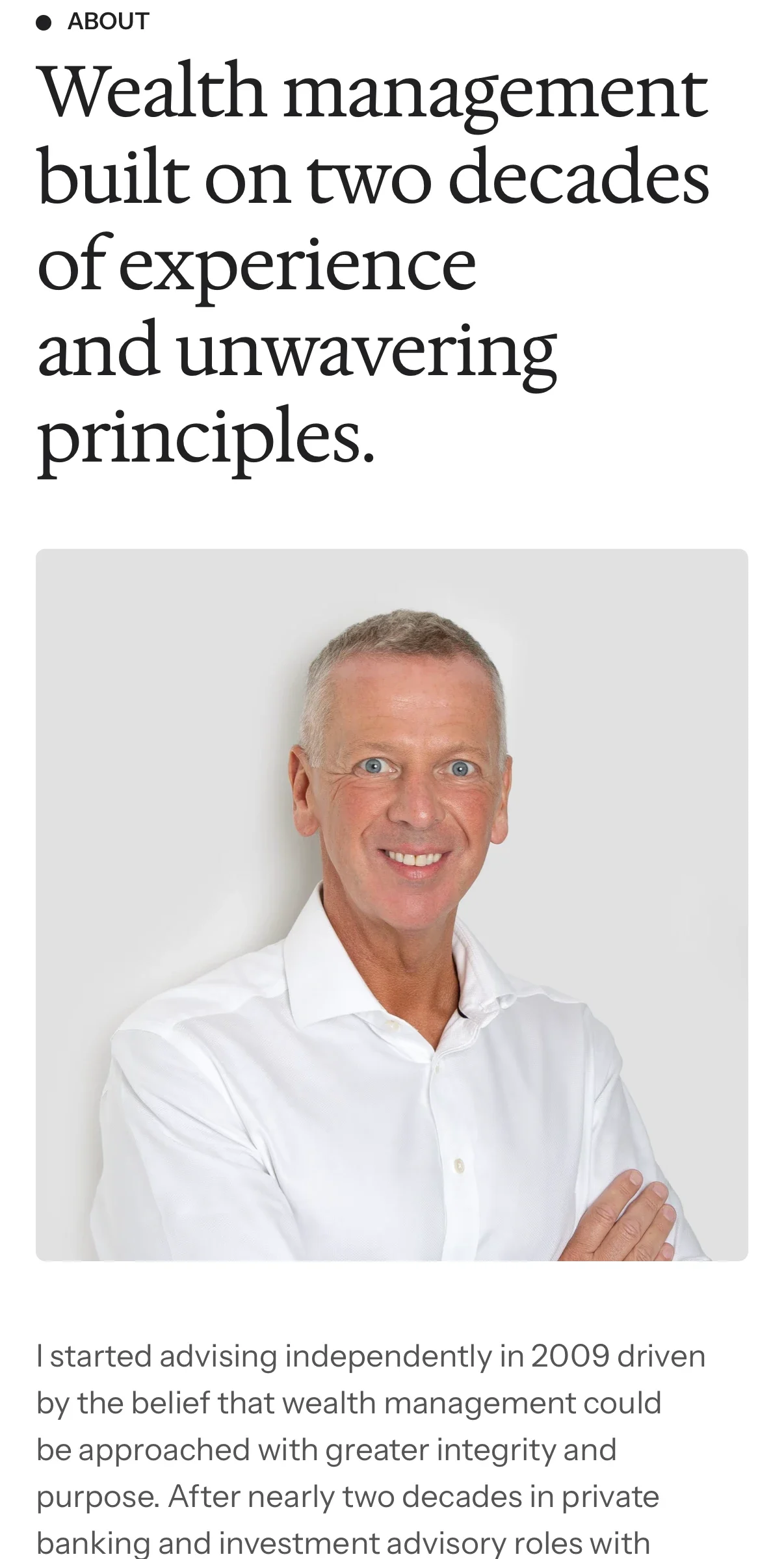 'Wealth management built on two decades of experience and unwavering principles', with the adviser's portrait, on a phone