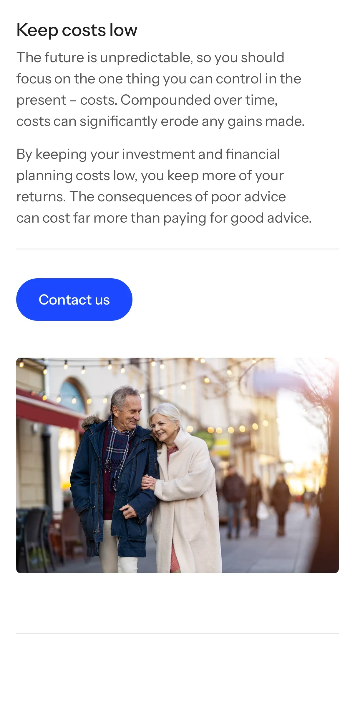 'Keep costs low', a Contact us button and a photo of an older couple arm in arm in a lit street, on a phone