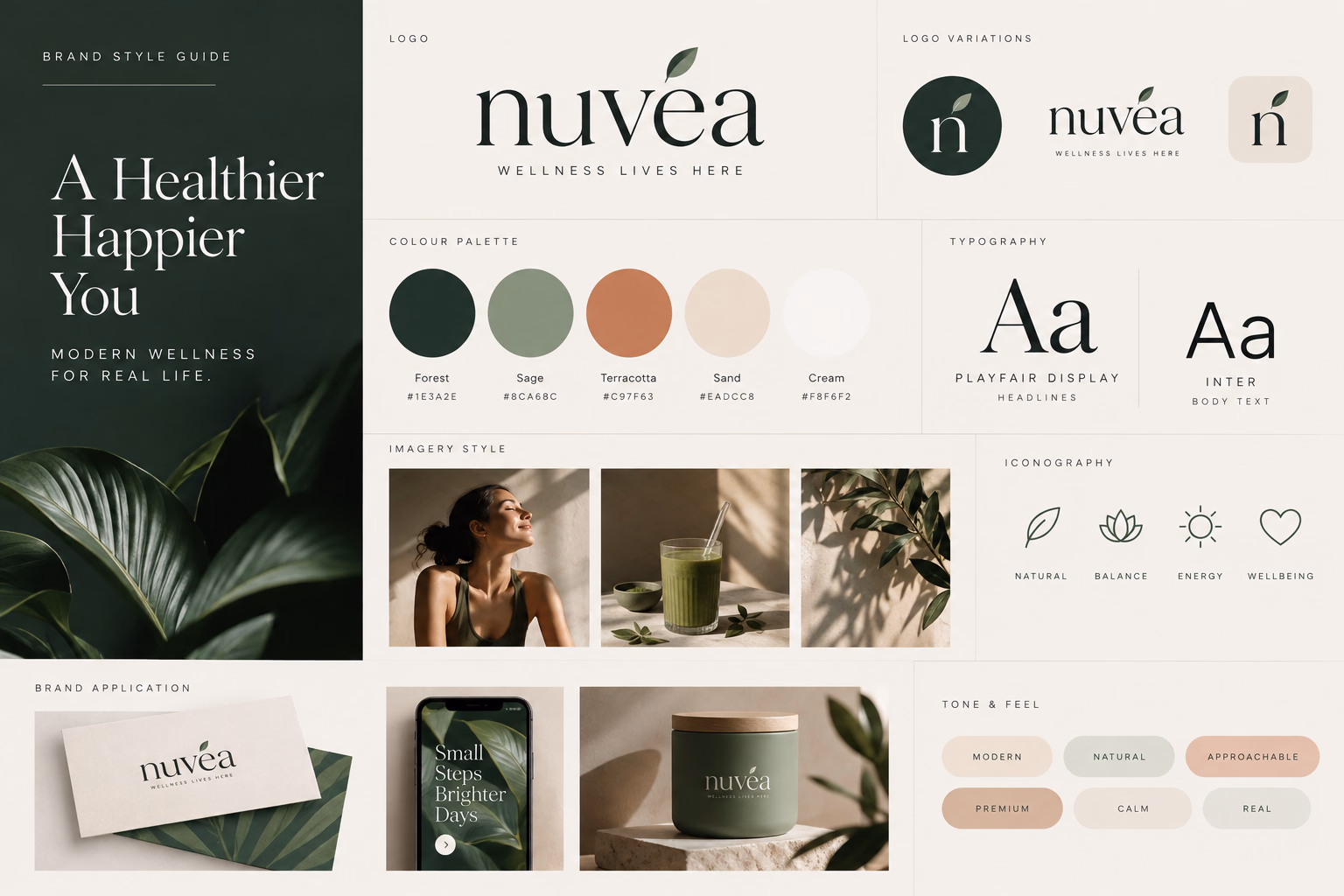 A brand style guide on one page: logo and its variations, colour palette, typefaces, imagery style, icons, tone words and the brand on a business card, a phone and packaging.