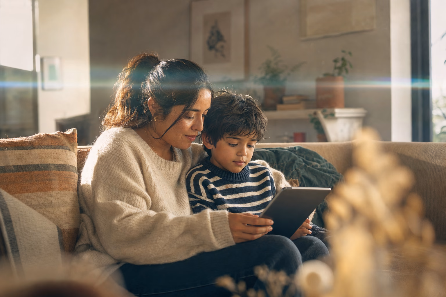 A mother and her young son on a sofa at home, looking at a tablet together in warm evening light: photography in the style set for Capcon.